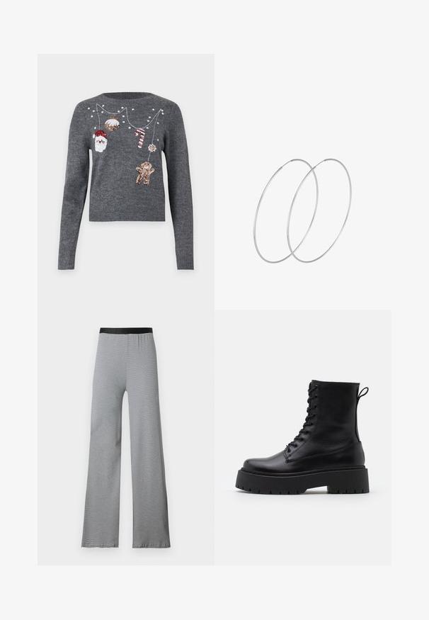 JDY JDYTWINKLE XMAS O NECK PULLOVER - Jumper - medium grey melange; Black and white striped flared pants with a smooth elastic waistband. Lightweight fabric, featuring horizontal pattern throughout.; Black leather ankle boots with a round toe, lace-up front, and a thick rubber sole featuring a textured tread. Pull tab at the back.; Silver hoop earrings with a minimalist design. Circular shape, smooth texture, and thin profile. Lightweight with a polished finish.