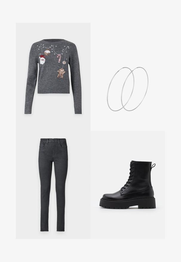 JDY JDYTWINKLE XMAS O NECK PULLOVER - Jersey de punto - medium grey melange; Vaqueros negros de mezclilla ajustados con una cintura de altura media, cinco bolsillos y cremallera. Textura suave y silueta ajustada.; Botas de cuero negras hasta el tobillo con punta redonda, cordones en la parte delantera y una suela de goma gruesa con un dibujo texturizado. Tirador en la parte trasera.; Pendientes de aro plateados con un diseño minimalista. Forma circular, textura suave y perfil delgado. Livianos con un acabado pulido.