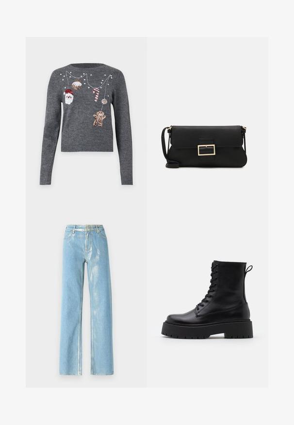 JDY JDYTWINKLE XMAS O NECK PULLOVER - Jersey de punto - medium grey melange; Jeans de pierna ancha en azul claro con acentos brillantes, que presentan una cintura alta, cierre de botón y costuras visibles. Textura de denim suave.; Botas de cuero negras hasta el tobillo con punta redonda, cordones en la parte delantera y una suela de goma gruesa con un dibujo texturizado. Tirador en la parte trasera.; Bolso de mano de cuero negro con una solapa y un detalle de hebilla de metal dorado. Incluye una correa negra y un diseño elegante y minimalista.; Pendientes de aro plateados con un diseño minimalista. Forma circular, textura suave y perfil delgado. Livianos con un acabado pulido.