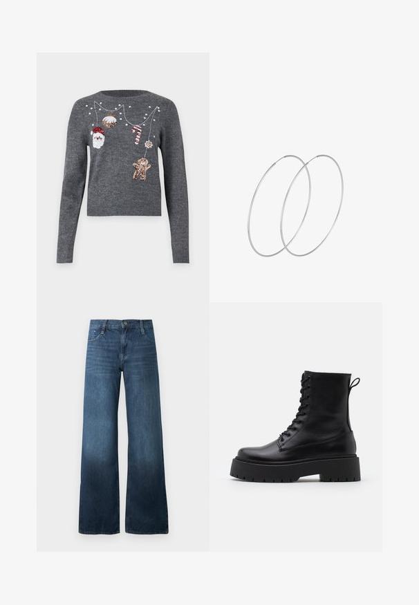 JDY JDYTWINKLE XMAS O NECK PULLOVER - Maglione - medium grey melange; Jeans a gamba larga blu scuro in denim, con vita alta, design a cinque tasche e leggere sfumature all'orlo. Chiusura standard con bottone.; Stivaletti in pelle nera alla caviglia con punta rotonda, lace-up frontale e suola in gomma spessa con battistrada textured. Tassello sul retro.; Orecchini a cerchio in argento con un design minimalista. Forma circolare, superficie liscia e profilo sottile. Leggeri con una finitura lucida.