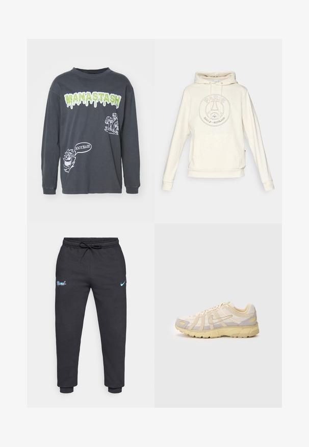 Cream-colored hoodie with front pocket and drawstrings, featuring a Paris Saint-Germain logo embroidered on the chest.; Gray long-sleeve t-shirt featuring green dripping text "MANASTASH," with white cartoon accents: a mushroom and a character saying "BOOYEAH!"; Black sweatpants made of soft fabric featuring a drawstring waistband, blue Nike logo on the upper right, and "Miami" graphic on the left thigh.; Beige and gray athletic shoe featuring a mesh upper, textured patterns, and a cushioned sole with a yellow accent. Minimalistic design.
