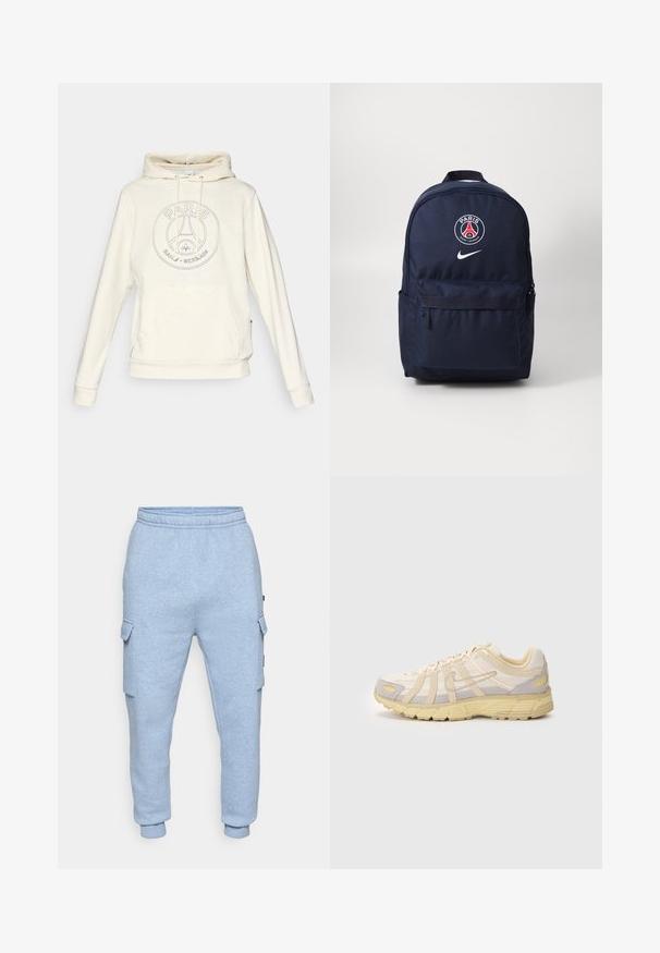 Sweatshirt creme com bolso frontal e cordões, apresentando um logótipo do Paris Saint-Germain bordado no peito.; Calças de jogger cargo em fleece azul claro com cintura elástica, bolsos laterais de aba e punhos nos tornozelos, sobre um fundo branco.; Shoe atlético bege e cinza com parte superior em malha, padrões texturizados e sola acolchoada com um destaque amarelo. Design minimalista.; Mochila azul marinho com fecho de correr, com um bolso frontal e o logótipo do Paris Saint-Germain em vermelho, branco e azul. Logótipo da Nike na parte inferior.