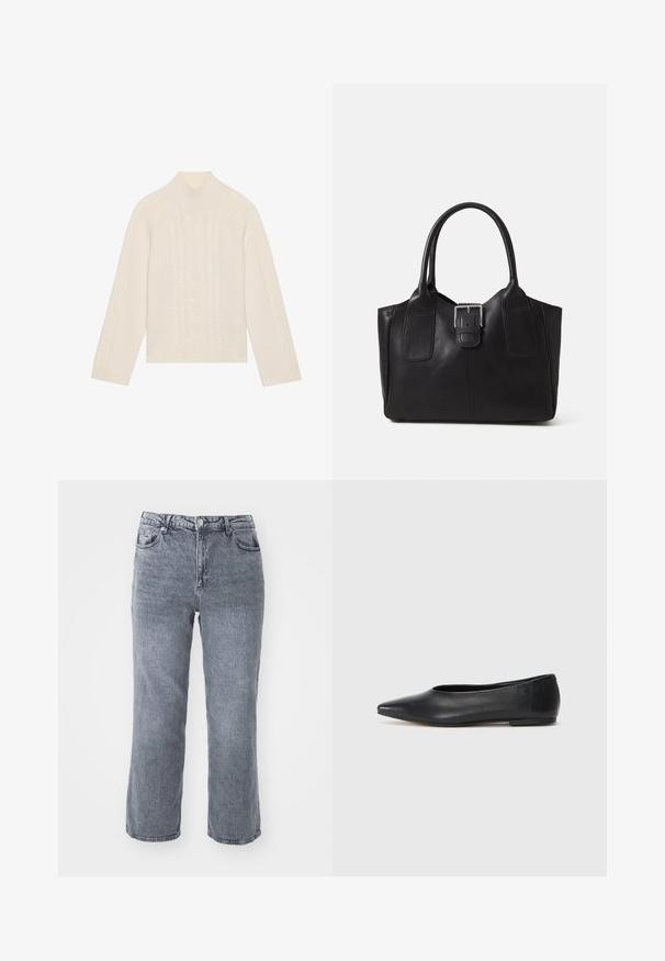 Maglione lavorato a maglia color crema con collo alto e dettagli a treccia. Presenta maniche lunghe e polsini e orlo a coste.; Jeans grigi alti in vita realizzati in denim, con taglio dritto, doppie tasche anteriori e una tasca posteriore singola con un leggero sbiadimento.; Ballerine in pelle nera, punta affusolata, design minimalista, texture liscia, tacco basso, senza hardware o decorazioni visibili.; Borsa tote in pelle nera con texture liscia, forma strutturata, due manici e un evidente dettaglio in fibbia argentata sul davanti.; Anello doppio in argento con superficie liscia e lucida. Presenta un design fluido e curvo con sezioni sovrapposte per un aspetto moderno.