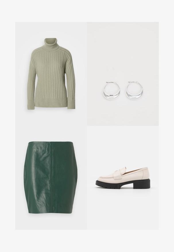 Lys grønn høyhalset genser laget av ribbestrikket stoff. Design med senket skulder, minimal sømdetaljering og lange ermer.; Grønn skinn mini skjørt med jevn tekstur og tettsittende form. Har et sømløst design uten synlige lukkinger eller maskinvare.; Lys beige lær loafers med en sydd front og en teksturert svart plattformhæl. Har et buet design og en lett heving.; Sølv øreringer i hoop-stil med en polert finish og DKNY-merke, vist mot en enkel hvit bakgrunn.