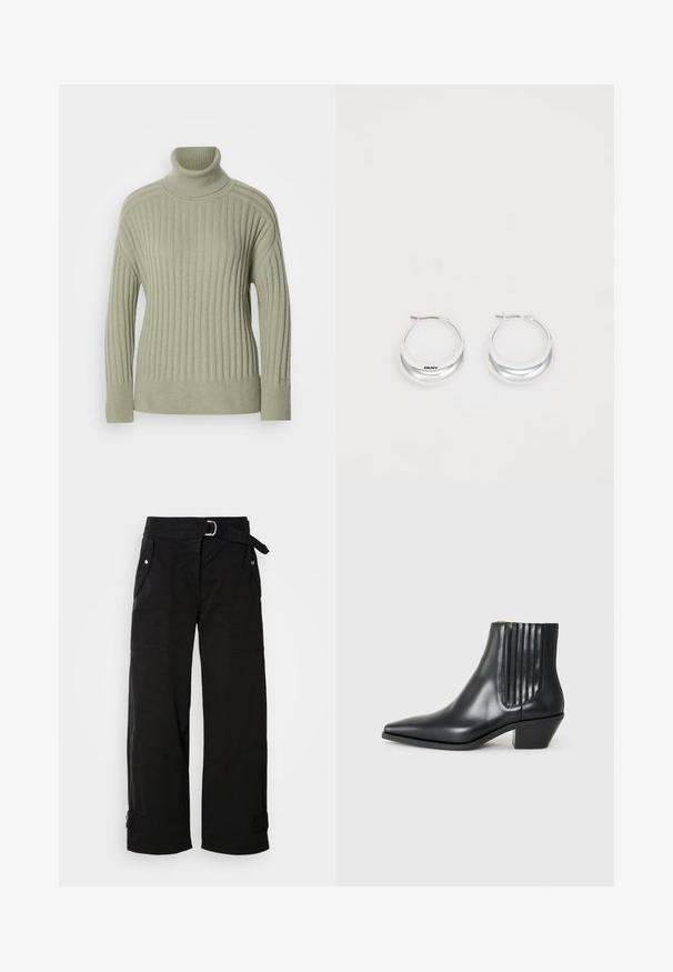 Lichtgroene coltrui gemaakt van ribgebreid stof. Design met vallen schouders, minimale naaddetails en lange mouwen.; Zwarte wijde broek met een riem, meerdere zakken en hoekige naden. Gemaakt van duurzaam materiaal met een gladde textuur.; Zwarte leren enkellaars met spitse neus, elastische zijpanelen met verticale groeven en een lage blokhak. Glad oppervlak en slank ontwerp.; Zilveren creolen met een gepolijste afwerking en DKNY-branding, weergegeven tegen een effen witte achtergrond.
