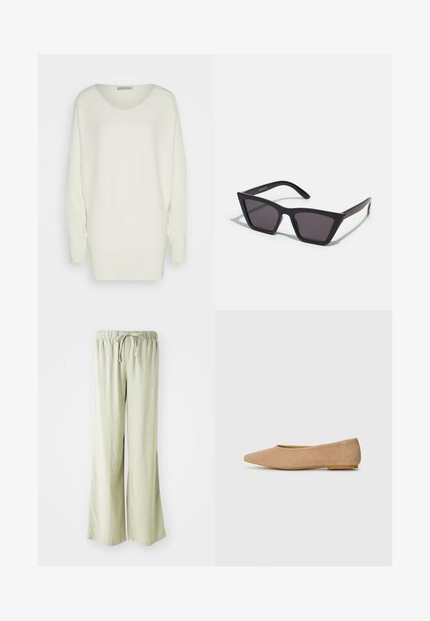 Przesadnie duży biały sweter z dzianiny w prążki, posiada szeroki dekolt, opadające ramiona oraz długie rękawy z dopasowanymi mankietami.; Jasnozielone spodnie w stylu szerokich nogawek z elastycznym paskiem w talii i sznurkiem. Wykonane z miękkiego, teksturowanego materiału; wykończone brzegami bez widocznych wzorów.; Beżowe zamszowe baleriny z ostrym noskiem, niskim obcasem, gładką fakturą i minimalistycznym designem. Brak widocznych elementów metalowych i ozdób.; Czarne, kanciaste okulary przeciwsłoneczne z szarymi soczewkami; wykonane z plastiku, z grubymi zausznikami o gładkiej powierzchni i bez widocznych elementów metalowych.; Brązowa, pleciona skórzana torba z zakrzywionym, zawiązanym uchwytem i zamknięciem na zamek. Gładka tekstura i zaokrąglony kształt.