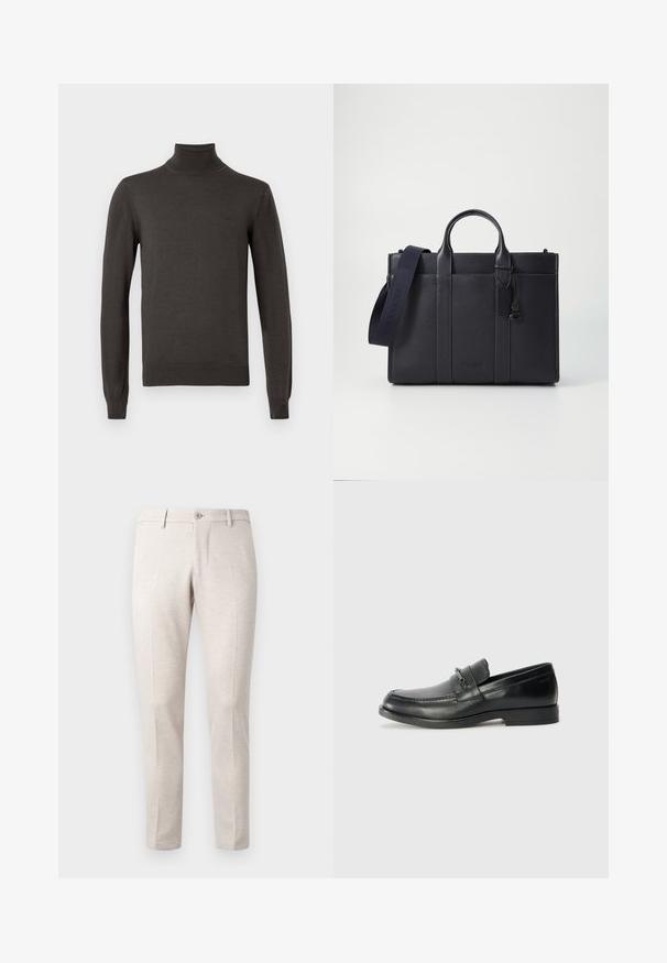 Tummanharmaa pitkähihainen kauluspaidan neule, jossa on slim fit -malli ja huomaamaton brändilogo vasemmassa rinnassa.; Vaaleanbeige housut, jotka on valmistettu pehmeästä kankaasta, ja niissä on nappi suljenta, kaksi etupleittiä ja suoralahkeinen malli.; Musta nahkasaappaat pyöreällä varvalla, joissa on ommeltu muotoilu, pieni etuhihna varustettuna metallidetaljeilla sekä litteä kumipohja.; Tummansininen nahkainen salkku, jossa on kaksinkertaiset yläkahvat ja irrotettava hihna. Varustettu tekstuuripinnalla, pystysuoralla ompeleella ja logotiedoilla.