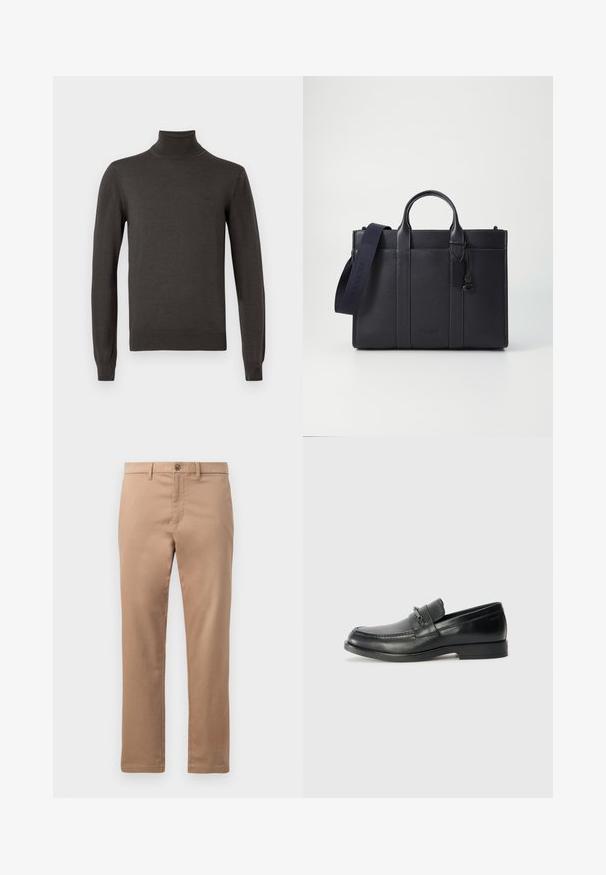 Dunkelgrauer langärmeliger Rollkragenpullover mit enger Passform und subtiler Markenlogo auf der linken Brust.; Beige Chinos aus Baumwolle mit glatter Textur, ausgestattet mit einem Reißverschluss und einem Knopfverschluss. Gerader Beinschnitt, ohne sichtbare Muster oder Akzente.; Schwarze Lederloafers mit runder Zehenform, ausgestattet mit einem gesteppten Design, einem kleinen Frontriemen mit Hardware-Details und einer flachen Gummisohle.; Dunkelblaues Lederaktentasche mit doppelten oberen Griffen und einem abnehmbaren Gurt. Merkmale sind die strukturierte Oberfläche, vertikale Nähte und das Logo-Detail.