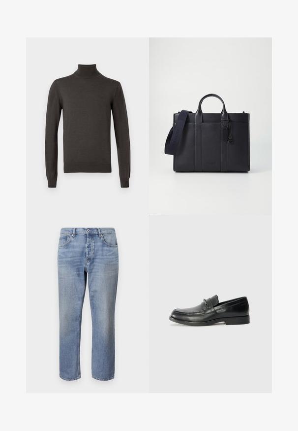 Temno siva dolga majica s turtleneck ovratnikom, tesno prilegajoča, z diskretnim logotipom blagovne znamke na levem prsnem delu.; Svijetloplave traperice ravnog kroja, s dizajnom od pet džepova, vidljivim šavovima i dugmetom za zatvaranje u struku.; Črne usnjene loafers čevlje z zaobljenim nosom, ki imajo šivano zasnovo, majhen sprednji trak z kovinskim okrasjem in ravno gumijasto podplati.; Temno mornarsko usnjeno aktovko z dvema zgoraj ročaji in odstranljivim trakom. Ima teksturirano površino, navpične šive in podrobnost z logotipom.