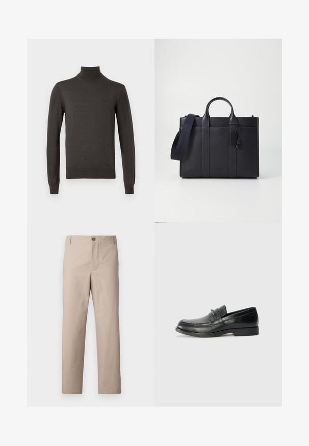 Tumši pelēks garām piedurknēm turtleneck džemperis ar pieguļošu piegriezumu un smalku zīmola logotipu kreisajā krūtīs.; Beige taisnas kājas bikses, kas izgatavotas no kokvilnas. Iekļauj priekšējo pogu aizdari, sānu kabatas un vienkāršu dizainu bez rotājumiem.; Melni ādas loafers ar noapaļotu purngalu, ar stūrainu dizainu, nelielu priekšējo siksniņu ar metāla akcentiem un plakanu gumijas zoli.; Tumši jūras zila ādas portfelis ar divām augšējām rokturiem un noņemamu siksnu. Ar teksturētu apdari, vertikālām šuvēm un logo detaļu.