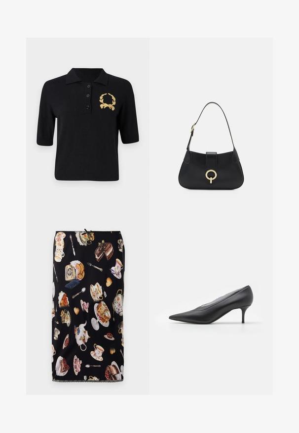 Čierna polokošeľa s krátkym rukávom vyrobená z jemnej látky, s golierom, tromi gombíkmi a emblémom zlatého vavrínového veniec na ľavej hrudi.; Čierna sukňa s motívom šálok na čaj, koláčov a zákuskov, s detailnými ilustráciami a ozdobným čipkovým lemom.; Čierna lodička s ostrou špičkou, vyrobená z hladkej kože. Má štíhlý opätok a minimalistický dizajn bez viditeľných ozdôb.; Čierna kožená kabelka s zakrivenou siluetou, krátkym popruhom, stredným zlatým kovovým detailom a hladkou textúrou. Bez viditeľných vzorov alebo akcentov.