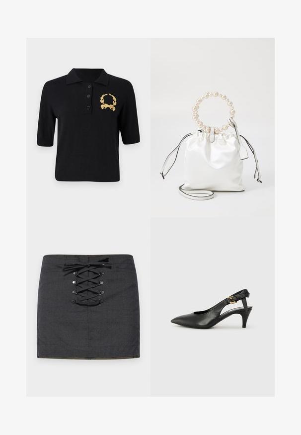 Černé polo tričko s krátkým rukávem vyrobené z měkké tkaniny, s límečkem, třemi knoflíky a zlatým vavřínovým věncem na levé části hrudi.; Tmavě šedá mini sukně s předním šněrováním a kovovými detaily. Hladká textura, přiléhavý tvar a středně vysoký pas.; Černé kožené lodičky se slingback, špičatou špičkou, malým podpatkem a detailem s přezkou na pásku kolem kotníku. Hladká textura, minimalistický design.; Bílý saténový stahovací sáček s kulatou rukojetí zdobenou perlami, koženými akcenty a odnímatelným popruhem pro všestranné použití.