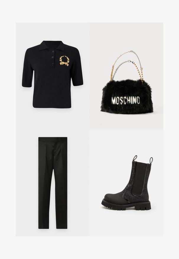 Melnā īsām piedurkņu polo krekls, izgatavots no mīksta auduma, ar apkakli, trim pogām un zelta lauru zaru emblēmu kreisajā krūtīs.; Melnas bikses ar gludu audumu, pielāgotu dizainu, taisnām kājām un platu jostu bez redzamām aizdaram vai kabatām.; Melna potīte ar teksturētu augšdaļu, izspiestām burtu formām, elastīgiem sānu paneļiem un masīvu gumijas zoli ar raupju protektoru.; Melnā mākslīgās kažokādas rokassoma ar zelta un sudraba ķēdēm. Iedvesmota ar "MOSCHINO" logo baltā krāsā priekšpusē. Mīksta tekstūra un taisnstūra forma.