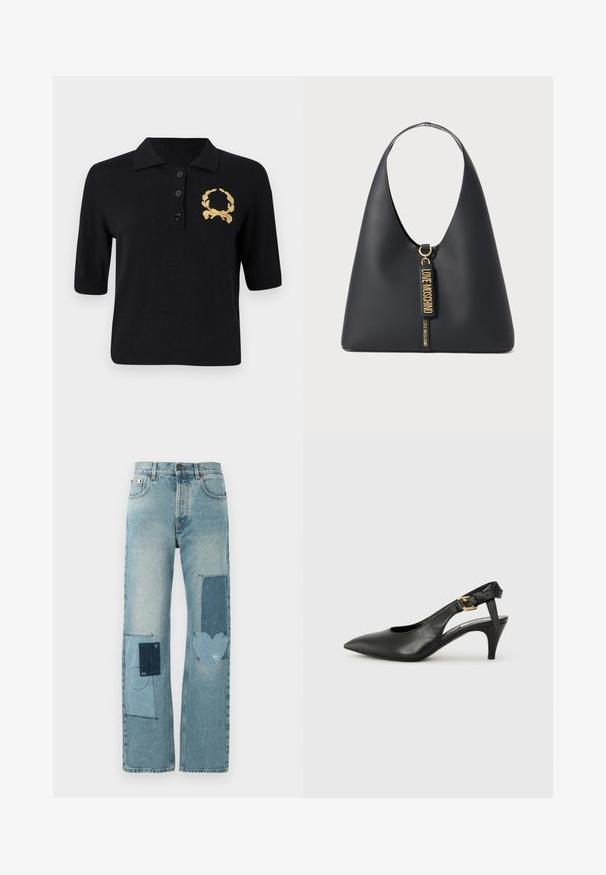 Melnā īsām piedurkņu polo krekls, izgatavots no mīksta auduma, ar apkakli, trim pogām un zelta lauru zaru emblēmu kreisajā krūtīs.; Gaišas džinsu auduma bikses ar taisnu kāju dizainu. Iekļauj vairākas kontrastējošas aplikācijas, tostarp sirds forma un sistemātiskas šūšanas detaļas.; Melnas ādas siksnu pumpas ar norādītu pirkstu, nelielu papēdi un sprādzes detaļu uz potītes siksnas. Gluda tekstūra, minimalistisks dizains.; Melnas ādas plecu soma ar plašu siksnu, zelta aparatūru un diviem piekārtiem birkām ar uzrakstu "LOVE MOSCHINO" zelta burtiem.