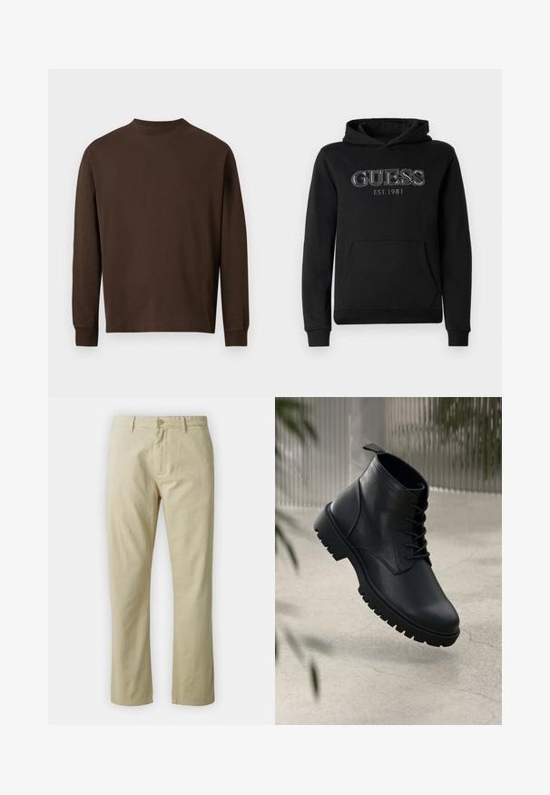 Mustmust GUESS, mille ees tasku, kapuuts ja valge tikandiga "GUESS EST. 1981" logo rinnal.; Pruun pikkade varrukatega särk pehmest kangast, ümmarguse kaelusega ja sirge lõikega, ilma silmapaistvate mustrite või detailideta.; Beezid puuvillased püksid sirge sääre kujundusega, esitasku nuppude sulgemise ja vööde abil. Sile tekstuur, ilma nähtavate mustrite või aktsentideta.; Mustad mustad nahast ankle saapad, ümmarguse nina, nööbidest sulgemise ja robustse kummitald. Sile tekstuur ja tõmbetab tagaküljel.