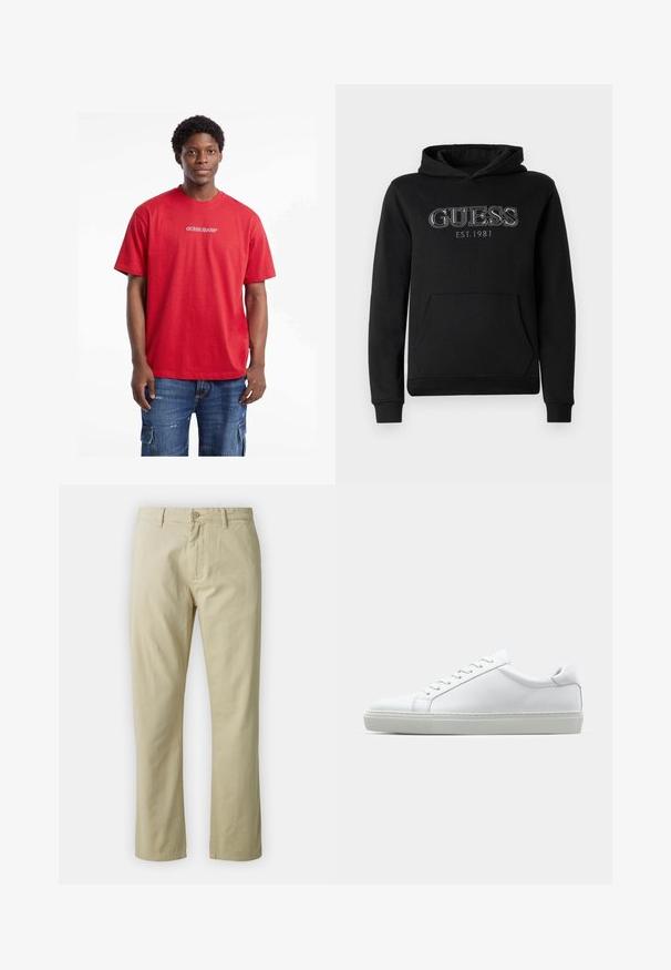 Zwarte GUESS-trui met voorzak, capuchon en witte geborduurde "GUESS EST. 1981" logo op de borst.; Rode katoenen T-shirt met korte mouwen en een ronde halslijn, voorzien van een wit "GUESS JEANS" logo aan de voorkant, gecombineerd met denim cargo shorts.; Beige katoenen broek met een recht ontwerp, knoopsluiting aan de voorkant en riemlussen. Gladde textuur, geen zichtbare patronen of accenten.; Witte sneaker met een gladlederen bovenwerk en een laag profiel. Voorzien van een ronde neus, zes vetergaatjes en een gestructureerde rubberen zool.