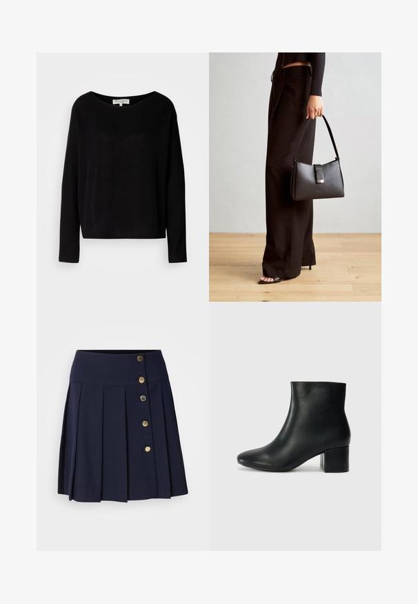 Musta pitkähihainen paita, joka on valmistettu pehmeästä materiaalista. Paidan kaula-aukko on leveä ja pyöreä, ja se on rento malli ilman näkyviä kuvioita tai metalliosia.; Tummansininen laskostettu hame, jossa on korkea vyötärö, edessä viisi kultanappia ja sileä pinta. Sopii eri tilaisuuksiin.; Musta nahkasaappaat nilkkapituudella, jossa on terävä kärki ja paksu korko. Silkkinen pinta, jossa on minimaaliset yksityiskohdat ja tyylikäs, istuva muotoilu.; Musta käsilaukku, jossa on rakenteellinen muoto, sileä pinta ja metallinen solki. Yhdistetty leveisiin mustiin housuihin ja avonaiheisiin sandaaleihin puulattialla.