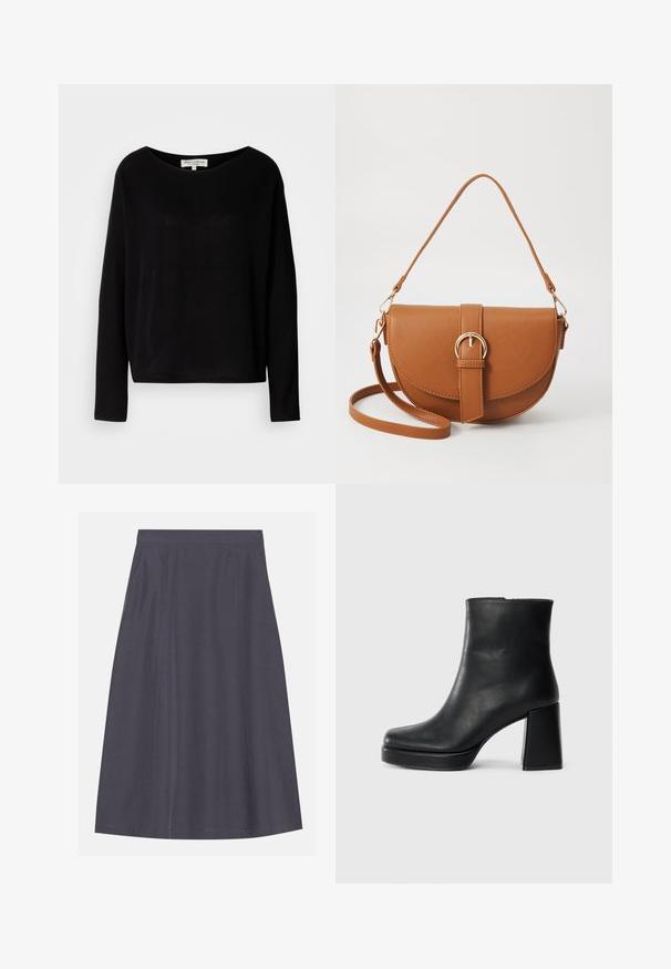 Maglietta nera a maniche lunghe realizzata in materiale morbido, con un ampio scollo rotondo e una vestibilità comoda, priva di motivi o elementi metallici visibili.; Gonna a trapezio grigia scura realizzata in un tessuto liscio, con tasche laterali, caratterizzata da una vita pulita e un discreto dettagliato delle cuciture.; Stivale alla caviglia in pelle nera con tacco a blocco e suola platform, visto di lato su uno sfondo bianco uniforme.; Borsa a tracolla in pelle marrone con forma curvata, hardware dorato e un dettaglio con fibbia. Presenta una tracolla rimovibile.
