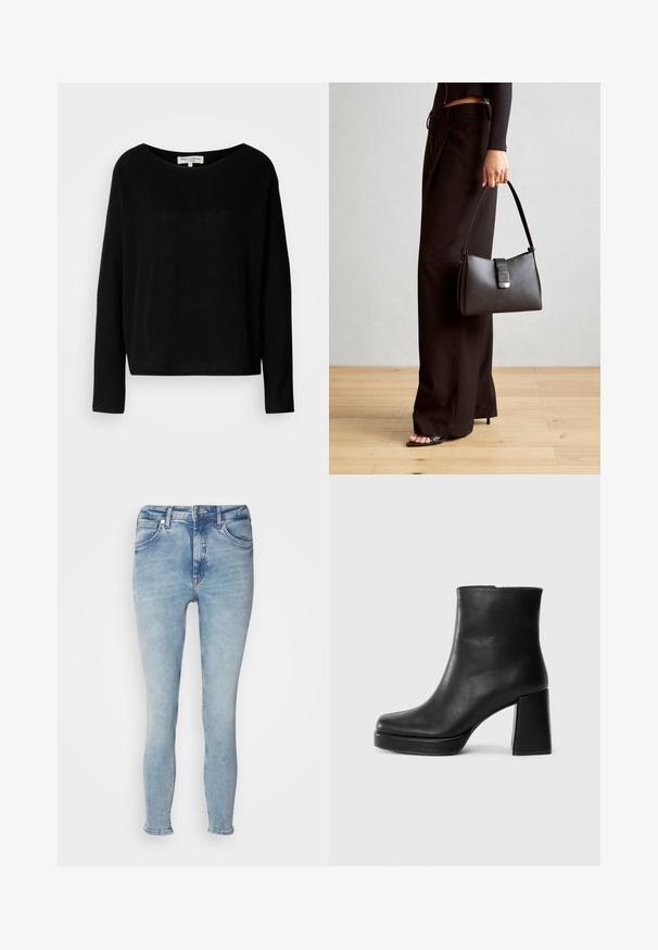 Camisa preta de manga longa feita de material suave, com um decote redondo largo e um corte descontraído, sem padrões visíveis ou acessórios.; Jeans de ganga azul claro com um corte justo, design de cinco bolsos, fecho de zip e ligeira desgaste na parte da frente. A bainha está dobrada nos tornozelos.; Bota de couro preta até ao tornozelo com salto bloco e sola com plataforma, vista de lado sobre um fundo branco liso.; Bolsa preta com forma estruturada, textura suave e um fecho metálico. Combinada com calças largas pretas e sandálias de salto aberto sobre um chão de madeira.