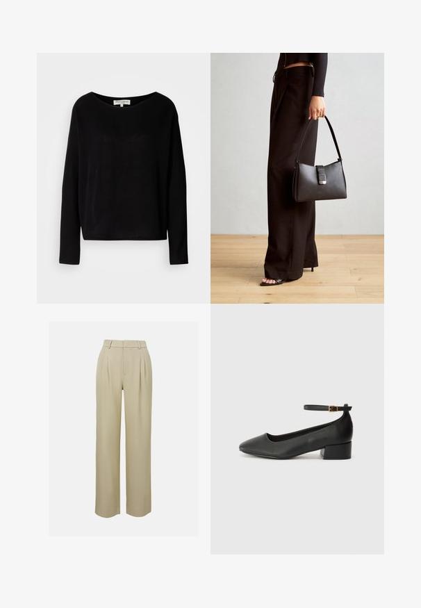 Zwarte lange mouwen shirt gemaakt van zacht materiaal, met een brede ronde halslijn en een ontspannen pasvorm, zonder zichtbare patronen of hardware.; Beige wijde broek van gladde stof, voorzien van voorplooien, een op maat gemaakte tailleband en zijzakken. Schoon afgewerkte zoom.; Zwarte leren pump met een spitse neus en een lage blokhak. Beschikt over een enkelband met een goudkleurige gespsluiting. Gladde textuur.; Zwarte handtas met gestructureerde vorm, gladde textuur en een metalen sluiting. Gecombineerd met brede zwarte broeken en sandalen met open teen op een houten vloer.