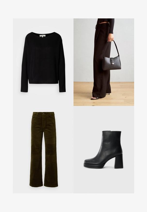 Zwarte lange mouwen shirt gemaakt van zacht materiaal, met een brede ronde halslijn en een ontspannen pasvorm, zonder zichtbare patronen of hardware.; Corduroy flared broeken in diep olijfgroen. Voorzien van vijf zakken, een knoopsluiting en een verticale ribbeltextuur. Standaard pasvorm met een klassiek ontwerp.; Zwarte leren enkelboot met een blokhak en platformzool, zijaanzicht op een effen witte achtergrond.; Zwarte handtas met gestructureerde vorm, gladde textuur en een metalen sluiting. Gecombineerd met brede zwarte broeken en sandalen met open teen op een houten vloer.