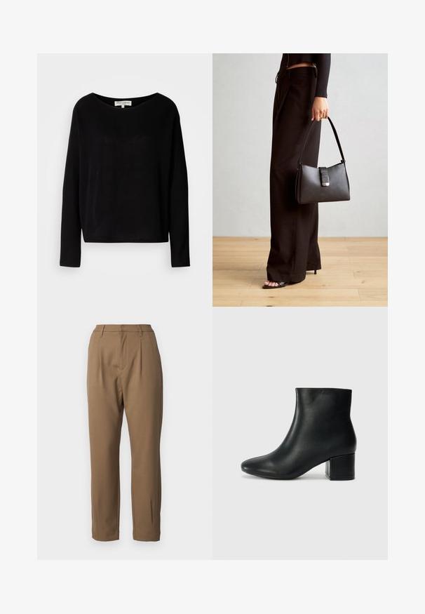 Černá dlouhá rukávová košile vyrobená z měkkého materiálu, se širokým kulatým výstřihem a uvolněným střihem, bez viditelných vzorů či kovových prvků.; Hnědé kalhoty vyrobené z hladkého materiálu, s přizpůsobeným střihem, s sklady vpředu a rovnými nohavicemi, s bočními kapsami.; Černé kožené kotníkové boty s špičatou špičkou a robustním podpatkem. Hladký povrch s minimálními akcenty a elegantním, přiléhavým designem.; Černá kabelka se strukturovaným tvarem, hladkým povrchem a kovovým uzávěrem. Kombinována s širokými černými kalhotami a sandály s otevřenou špičkou na dřevěné podlaze.
