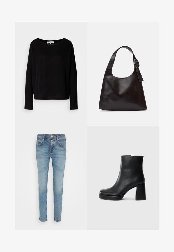 Svart langermet skjorte laget av mykt materiale, med vid rund hals og avslappet passform, uten synlige mønstre eller hardvarer.; Lys blå denimjeans med smal passform, fem lommer og knapper foran. Slitte detaljer langs lårene gir ekstra tekstur.; Sorte skinnankelsko med blokkhæl og plattformsåle, sett fra siden på en enkel hvit bakgrunn.; Brun lærveske med en glatt tekstur, rund form, bred stropp og sirkelformet metallaccent på håndtaket.