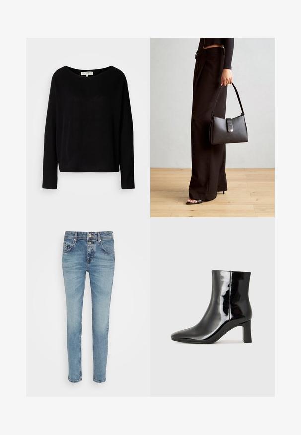 Melnas garām piedurknēm krekls, kas izgatavots no mīksta materiāla, ar plašu apaļu kakla izgriezumu un brīvu piegriezumu, bez redzamām rakstām vai aparatūras.; Gaišs zils džinsu audums ar šauru piegriezumu, piecu kabatu dizainu un pogu aizdari. Noberztas detaļas gar gurniem uzlabo tekstūru.; Melnas patentētas ādas potīšu zābaki ar norādītu pirkstu un vidēja augstuma kvadrātveida papēdi. Gluda tekstūra un minimālisma dizains.; Melnā somiņa ar strukturētu formu, gludu tekstūru un metālu sprādzi. Saskaņota ar platām melnām biksēm un sandālēm ar atvērtu purngalu uz koka grīdas.