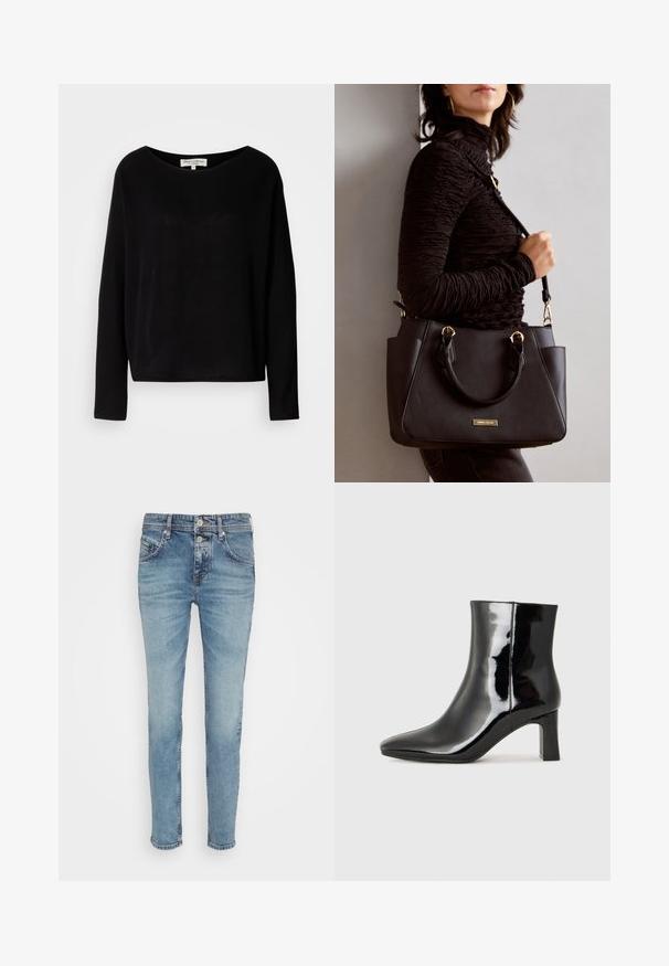 Črna majica z dolgimi rokavi, izdelana iz mehkega materiala, s širokim okrogłym izrezom in sproščenim krojem, brez vidnih vzorcev ali dodatkov.; Svetlo modri traper hlače z ozkim krojem, petimi žepi in gumbnim zapiranjem. Upočasnjeni detajli ob stegnih dodajajo teksturo.; Črne lakirane gležnjarje z ošiljenim nosom in srednje visokim blokastim peto. Gladka tekstura in minimalističen dizajn.; Črna torbica z teksturirano površino, z dvema zgornjima ročajema in nastavljivim ramenskim pasom. Ima zlatovrateče dodatke in stranske žepe.