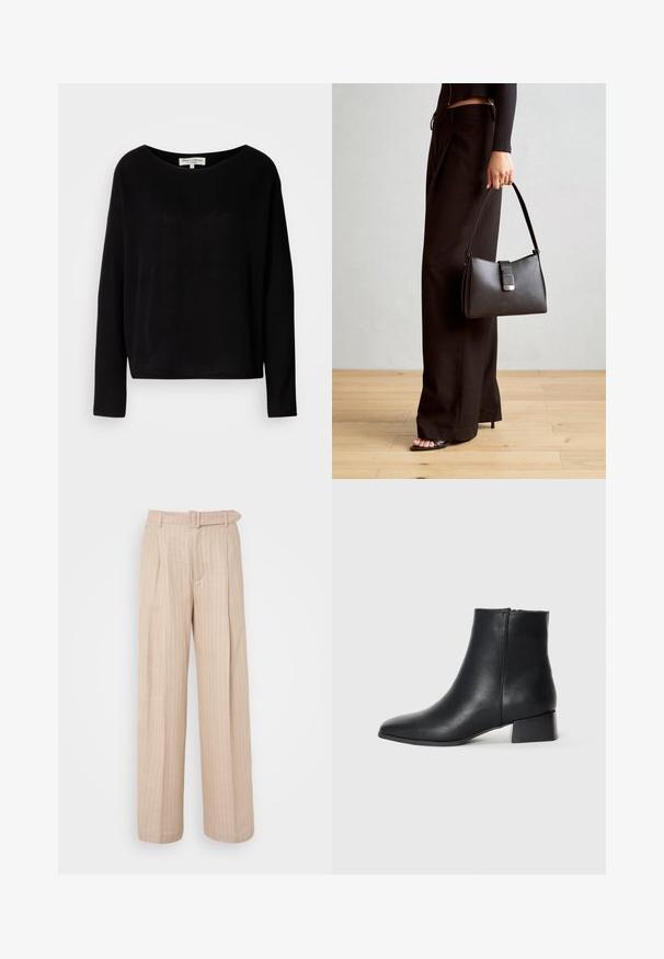 Musta pitkähihainen paita, joka on valmistettu pehmeästä materiaalista. Paidan kaula-aukko on leveä ja pyöreä, ja se on rento malli ilman näkyviä kuvioita tai metalliosia.; Beige levele trousersit, joissa on pystysuorat raidoitukset, korkea vyötärö, etupleatit ja matching vyö. Sileä pinta, minimalistinen muotoilu.; Mustan nahkaisen nilkkurit, joissa on terävä kärki ja matala lohkokorko, joissa on sileä pinta ja minimalistinen muotoilu.; Musta käsilaukku, jossa on rakenteellinen muoto, sileä pinta ja metallinen solki. Yhdistetty leveisiin mustiin housuihin ja avonaiheisiin sandaaleihin puulattialla.