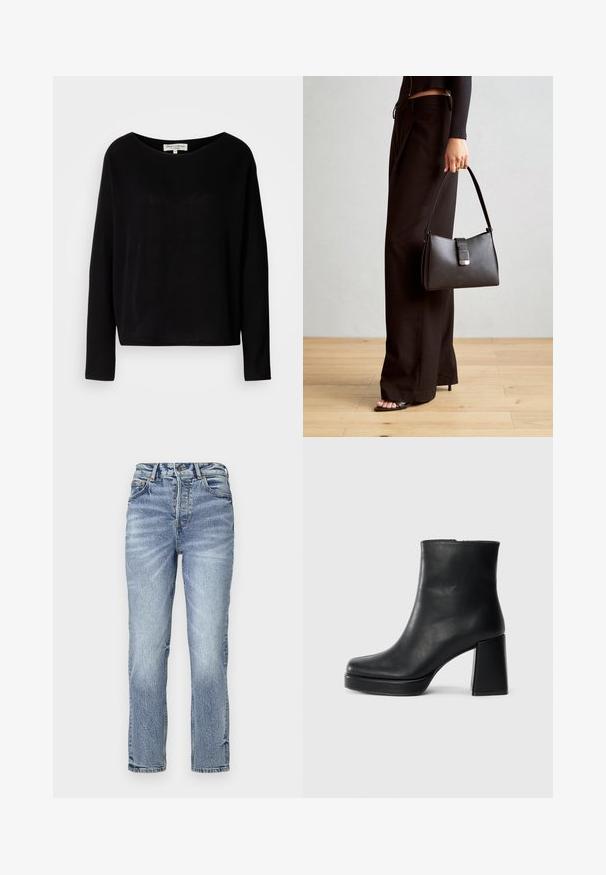 Cămașă neagră cu mâneci lungi, confecționată dintr-un material moale, având o guler rotund larg și o croială lejeră, fără model vizibil sau elemente metalice.; Blugi din denim de culoare bleu deschis, cu croială dreaptă, talie înaltă, textură decolorată și cinci buzunare. Prezentă un sistem de închidere cu nasture metalic și fermoar.; Botină din piele neagră, cu toc pătrat și talpă platformă, văzută din lateral pe un fundal alb simplu.; Genți negre cu o formă structurată, textură netedă și un închizător metalic. Asortată cu pantaloni negri largi și sandale cu vârf deschis pe un podea din lemn.