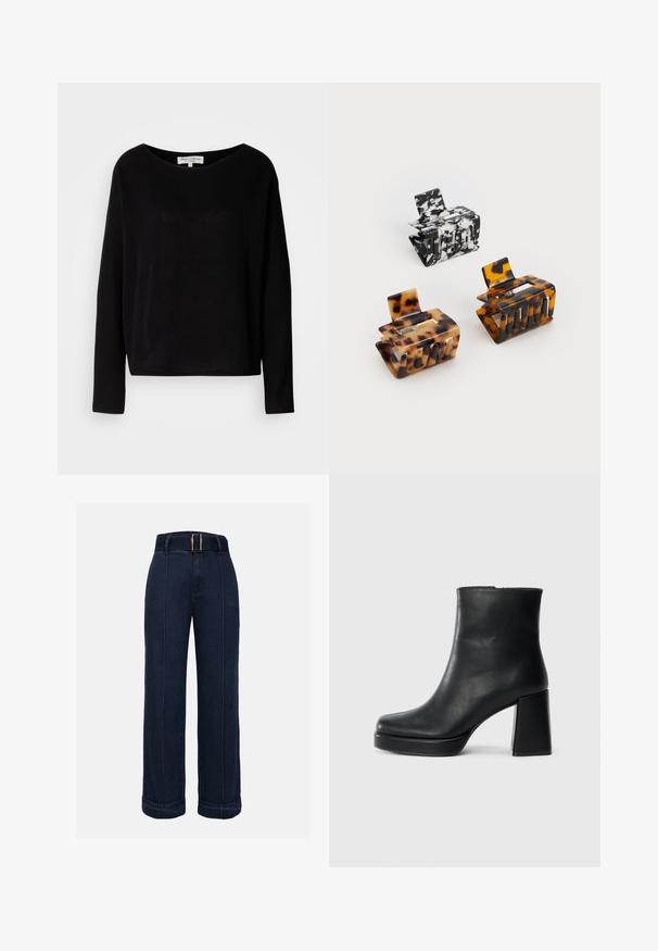 Camisa preta de manga longa feita de material suave, com um decote redondo largo e um corte descontraído, sem padrões visíveis ou acessórios.; Jeans de perna larga de cintura alta em azul-escuro com cinto na cintura, apresentando costura em contraste e punhos dobrados na bainha.; Bota de couro preta até ao tornozelo com salto bloco e sola com plataforma, vista de lado sobre um fundo branco liso.; Três ganchos de cabelo: um em mármore preto e branco, dois em padrão tartaruga nas tonalidades castanha e preta, todos feitos de plástico brilhante com um acabamento texturizado.