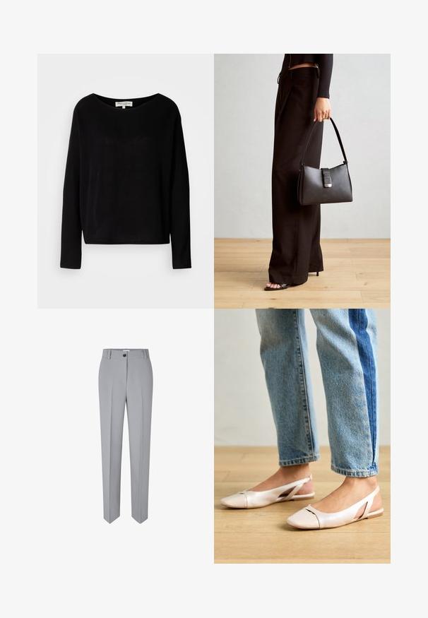 Camisa negra de manga larga, confeccionada en material suave, con un escote redondo amplio y un corte relajado, sin patrones ni elementos metálicos visibles.; Pantalones gris a medida con pierna recta, confeccionados con una tela suave. Cuenta con un cierre delantero con botón y dos bolsillos frontales.; Bailarinas de color rosa pálido con tiras traseras y punta puntiaguda, fabricadas con un material similar al cuero suave. Presentan detalles recortados en los laterales y un tacón plano.; Bolso negro con forma estructurada, textura suave y un cierre metálico. Combinado con pantalones anchos negros y sandalias de dedo en un suelo de madera.