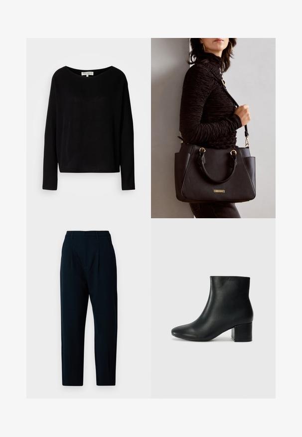 Svart langermet skjorte laget av mykt materiale, med vid rund hals og avslappet passform, uten synlige mønstre eller hardvarer.; Marine skreddersydde bukser med flat front, to folder, standard midje og tapered ben. Laget av et glatt stoff med en lett glans.; Sorte skinn ankelsko med spiss tå og chunky hæl. Glatt tekstur med minimale detaljer og et elegant, tettsittende design.; Svart håndveske med teksturert overflate, doble topphåndtak og justerbar skulderrem. Har detaljer i gulltone og sidelommer.