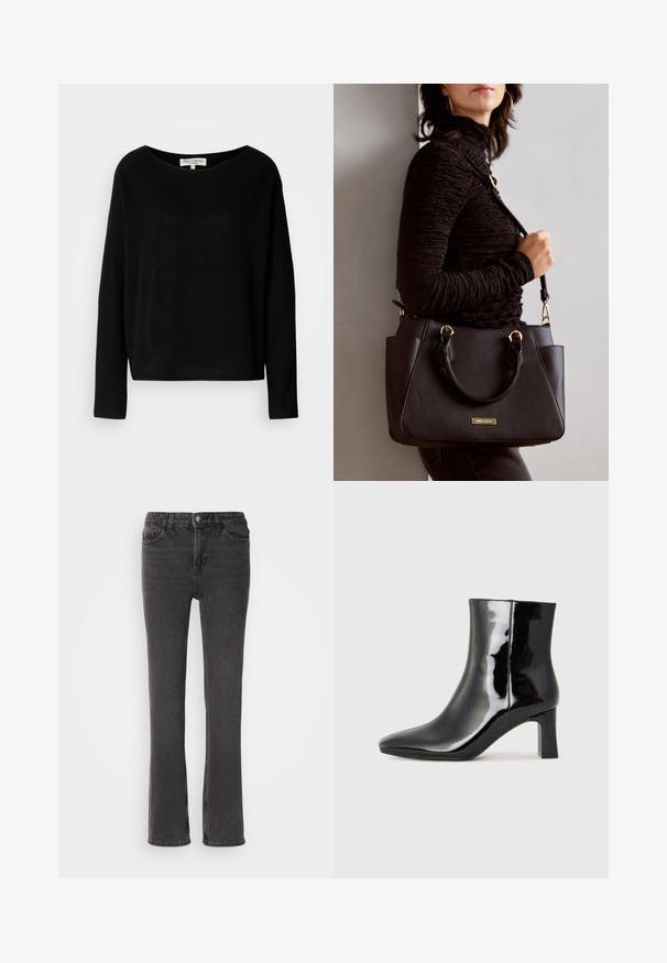 Camisa preta de manga longa feita de material suave, com um decote redondo largo e um corte descontraído, sem padrões visíveis ou acessórios.; Jeans de ganga preta com corte reto, apresentando bolsos frontais, fecho com zip e detalhes de costura discretos. O tecido tem uma leve textura.; Botim de tornozelo em pele sintética preta com bico apontado e salto bloco de altura média. Textura suave e design minimalista.; Bolsa preta com superfície texturizada, alças superiores duplas e alça de ombro ajustável. Apresenta ferragens em tom dourado e bolsos laterais.