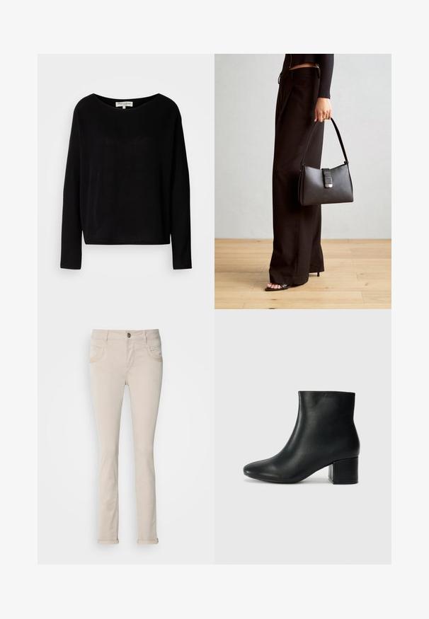 Črna majica z dolgimi rokavi, izdelana iz mehkega materiala, s širokim okrogłym izrezom in sproščenim krojem, brez vidnih vzorcev ali dodatkov.; Bež bombažne hlače s slim fit krojem, ki imajo dve sprednji žepki in zavihane hlačnice. Ravnina spredaj z gumbnim zapiranjem in minimalnimi šivi.; Črne usnjene gležnjarje s koničastim nosom in debelim peto. Gladka tekstura z minimalnimi detajli in eleganten, prilegajoč dizajn.; Črna torbica z strukturirano obliko, gladko teksturo in kovinskim zaponko. Ujemajo se z širokimi črnimi hlačami in odprtimi sandali na lesenem tleh.