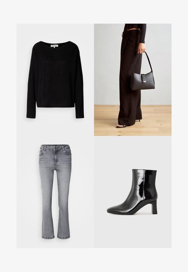 Črna majica z dolgimi rokavi, izdelana iz mehkega materiala, s širokim okrogłym izrezom in sproščenim krojem, brez vidnih vzorcev ali dodatkov.; Sive široke kavbojke s petimi žepi, izdelane iz denima. Imajo zadrgo in gumb za zaklepanje, gladko teksturo in subtilno pranje.; Črne lakirane gležnjarje z ošiljenim nosom in srednje visokim blokastim peto. Gladka tekstura in minimalističen dizajn.; Črna torbica z strukturirano obliko, gladko teksturo in kovinskim zaponko. Ujemajo se z širokimi črnimi hlačami in odprtimi sandali na lesenem tleh.