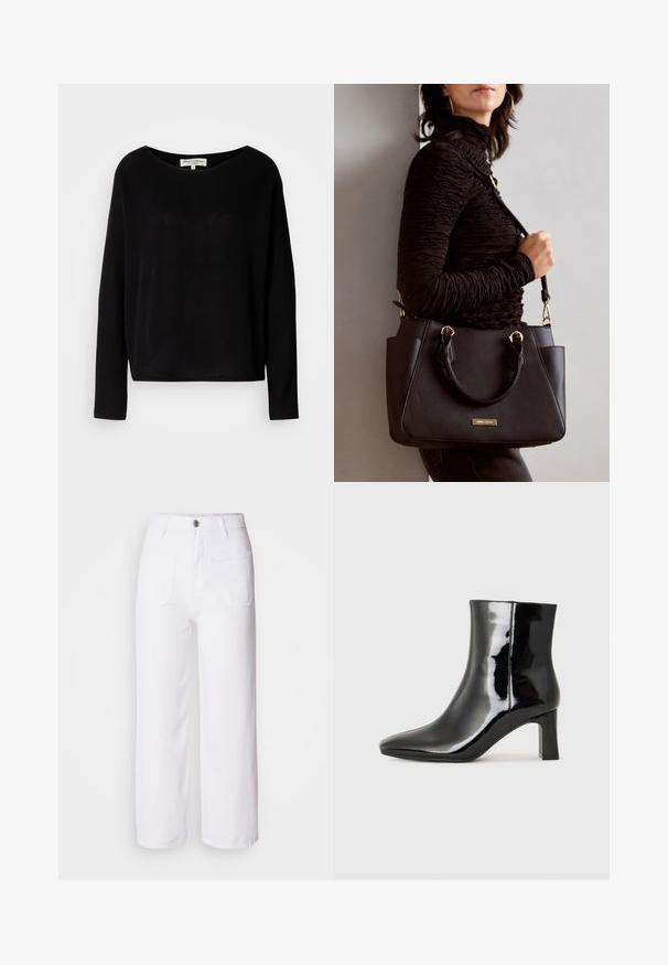 Svart langermet skjorte laget av mykt materiale, med vid rund hals og avslappet passform, uten synlige mønstre eller hardvarer.; Hvite denim wide-leg bukser med knappelukking, beltestropper, to frontlommer og en baklomme. Holdbart og teksturert stoff.; Sorte patentlær ankle boot med spiss tå og en mellomhøy blokkhelt. Glatt tekstur og minimalistisk design.; Svart håndveske med teksturert overflate, doble topphåndtak og justerbar skulderrem. Har detaljer i gulltone og sidelommer.