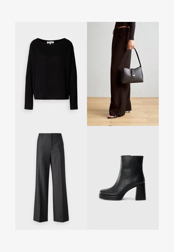 Svart langermet skjorte laget av mykt materiale, med vid rund hals og avslappet passform, uten synlige mønstre eller hardvarer.; Copenhagen Muse TAILOR - Bukse - black medium grey; Sorte skinnankelsko med blokkhæl og plattformsåle, sett fra siden på en enkel hvit bakgrunn.; Svart håndveske med strukturert form, jevn tekstur og metallisk lås. Kombinert med brede svarte bukser og sandaler med åpen tå på tregulv.