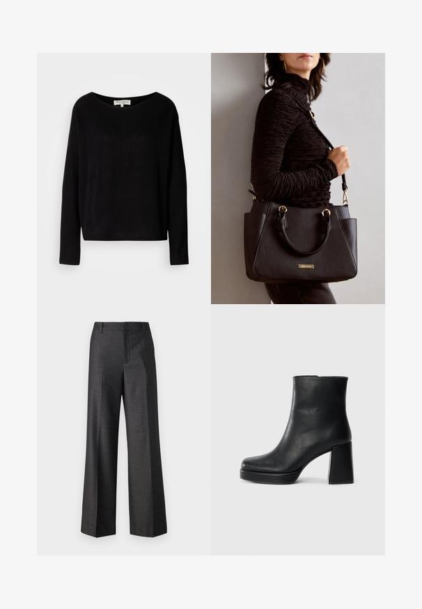 Black long-sleeve shirt made of soft material, featuring a wide round neckline and a relaxed fit, with no visible patterns or hardware.; Copenhagen Muse TAILOR - Trousers - black medium grey; Black leather ankle boot with a block heel and platform sole, viewed from the side on a plain white background.; Black handbag with textured surface, dual top handles, and adjustable shoulder strap. Features gold-tone hardware and side pockets.