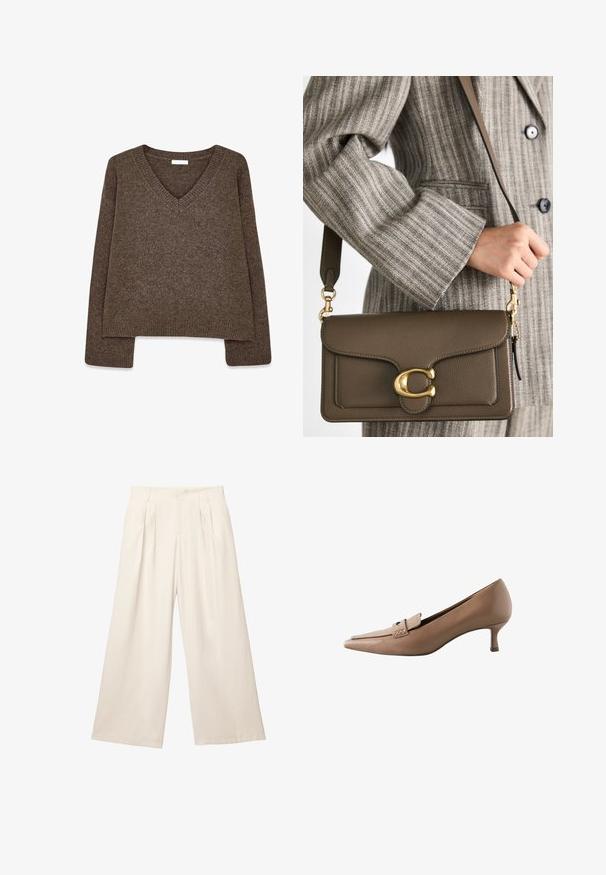 Pull en maille marron avec un col en V, manches longues, coupe légèrement courte et ourlet côtelé. Texture douce avec une finition lisse.; Pantalons à jambes larges de couleur beige clair en tissu doux et texturé. Présente des plis avant et une taille élastique pour un ajustement décontracté.; Escarpins en cuir beige à bout pointu avec un petit talon, dotés d'une sangle décorative et d'une boucle sur le cou-de-pied. Texture lisse, design épuré.; COACH TABBY SHOULDER BAG 26 - Sac à main - dark stone; Collier plaqué or avec une chaîne fine, un fermoir à homard, des maillons texturés et un petit pendentif rond à la fin.
