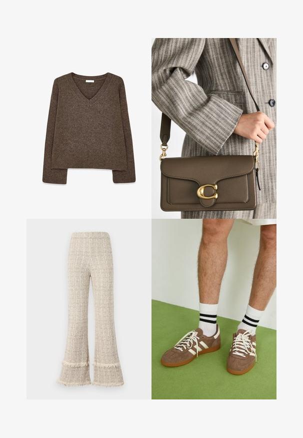 Pruun, kootud sviiter V-kaelusega, pikad varrukad, veidi lühendatud disain ja soonikkoes äär. Pehme tekstuur sujuva viimistlusega.; Laiad püksid tekstureeritud beežist kangast, millel on narmastega ääred ja kõrge vöökoht. Disain pakub mugavat istuvust ja piisavat langevust.; Prune nahkkingad valgete aktsentide ja paeltega. Kummikummist tallad. Kandu valgeid sokke mustade triipudega. Roheline tekstuuriga põrand.; COACH TABBY SHOULDER BAG 26 - Käekott - dark stone