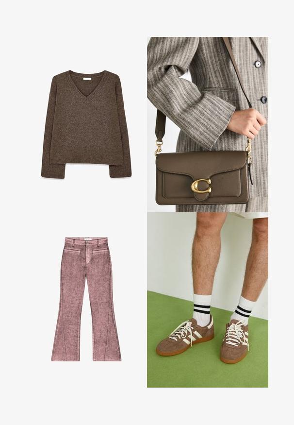 Brown, knit sweater with a V-neck, long sleeves, slightly cropped design, and ribbed hem. Soft texture with a smooth finish.; Pink flared jeans with a faded texture, featuring two front pockets, a front zipper closure, and topstitch detailing along the seams.; Brown suede sneakers with white accents and laces. Rubber gum sole. Worn with white socks featuring black stripes. Green textured flooring.; COACH TABBY SHOULDER BAG 26 - Handbag - dark stone
