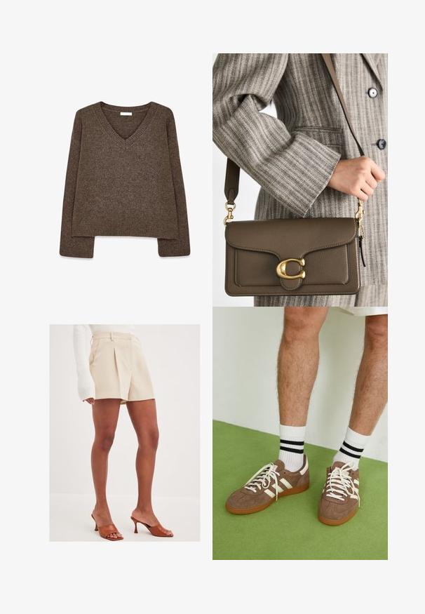 Brun, stickad tröja med V-hals, långa ärmar, något kortad design och ribbad nederkant. Mjuk struktur med en slät finish.; Beiga skräddarsydda shorts med veck och sidofickor, tillverkade av ett lätt material. Matchade med bruna klacksandaler med öppen tå.; Bruna mockaskor med vita detaljer och snören. Gummisula i beige. Bärs med vita strumpor med svarta ränder. Grön strukturerad golvyta.; COACH TABBY SHOULDER BAG 26 - Handväska - dark stone; Guldhalsband med avlånga, rektangulära länkar. Bärs över en svart blus med spetskrage och visar en slät, polerad yta.