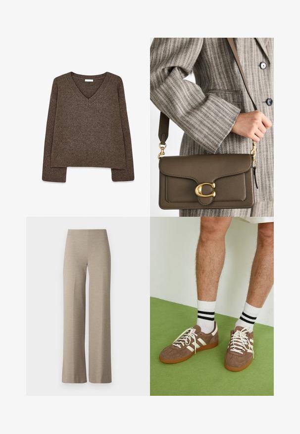 Jersey marrón de punto con escote en V, mangas largas, diseño ligeramente corto y dobladillo acanalado. Textura suave con un acabado liso.; Pantalones de pierna ancha beige, hechos de una tela texturizada, con una cintura alta y sin cierres ni bolsillos visibles. Silueta suave y ajustada.; Zapatillas de ante marrón con acentos y cordones blancos. Suela de goma color caramelo. Usadas con calcetines blancos con rayas negras. Suelo texturizado verde.; COACH TABBY SHOULDER BAG 26 - Bolso de mano - dark stone
