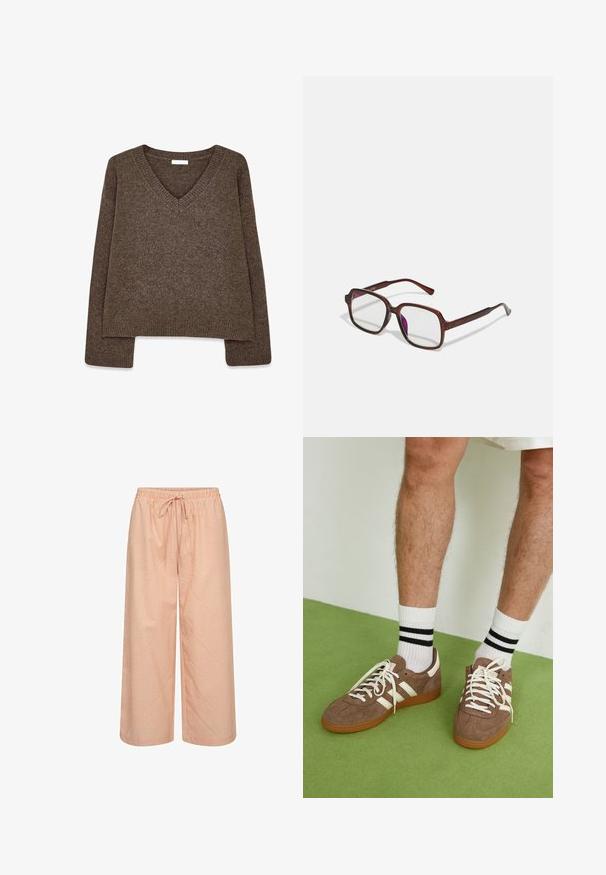 Brun, stickad tröja med V-hals, långa ärmar, något kortad design och ribbad nederkant. Mjuk struktur med en slät finish.; Bredbenta byxor i ljus persika med vita vertikala ränder. Har resårmidja med dragsko. Tillverkade av lättviktsmaterial.; Bruna mockaskor med vita detaljer och snören. Gummisula i beige. Bärs med vita strumpor med svarta ränder. Grön strukturerad golvyta.; Bruna, rektangulära glasögon med genomskinliga linser och lila toning. Slät plastbåge med raka skalmar och subtila detaljer.; Brun faux läder axelväska med rundad form, minimal sömnad och detaljer i guldfärgad hårdvara. Har en övre dragkedjestängning och justerbar rem.
