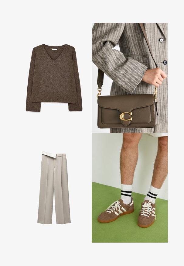 Maglione marrone a maglia con scollatura a V, maniche lunghe, design leggermente corto e orlo a coste. Tessuto morbido con una finitura liscia.; Pantaloni a gamba larga beige chiaro realizzati in una stoffa liscia. Presentano una vita alta con una cintura a contrasto e pieghe frontali.; Sneaker in suede marrone con dettagli e lacci bianchi. Suola in gomma color gomma. Indossati con calzini bianchi con righe nere. Pavimento verde texturizzato.; COACH TABBY SHOULDER BAG 26 - Borsa a mano - dark stone; Collana in oro con maglie rettangolari allungate. Indossata sopra una camicia nera con colletto in pizzo, che mostra una finitura liscia e lucida.