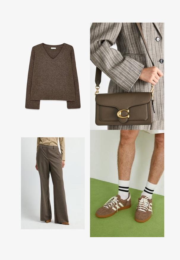 Brun strikket sweater med V-hals, langeærmer, let cropped design og ribbet kant. Blød tekstur med en glat finish.; Kvinde iført brune højtaljede brede bukser og en beige langærmet skjorte med knapper, stående foran en ensfarvet hvid baggrund.; Brune ruskind sneakers med hvide detaljer og snørebånd. Gummisål i naturgummi. Båret med hvide sokker med sorte striber. Grøn struktureret gulv.; COACH TABBY SHOULDER BAG 26 - Håndtasker - dark stone; Guldkæde med forlængede, rektangulære led. Båret over en sort blonder-krebs skjorte, som viser en glat, poleret overflade.