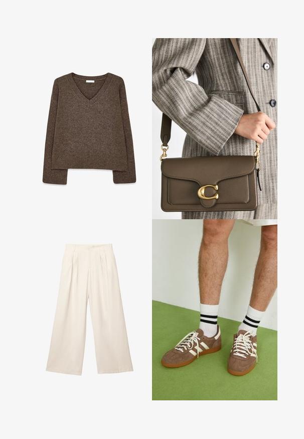Maglione marrone a maglia con scollatura a V, maniche lunghe, design leggermente corto e orlo a coste. Tessuto morbido con una finitura liscia.; Pantaloni a gamba larga di un leggero colore beige con un tessuto morbido e texture. Presentano pieghe frontali e una vita elasticizzata per una vestibilità comoda.; Sneaker in suede marrone con dettagli e lacci bianchi. Suola in gomma color gomma. Indossati con calzini bianchi con righe nere. Pavimento verde texturizzato.; COACH TABBY SHOULDER BAG 26 - Borsa a mano - dark stone; Collana in oro con maglie rettangolari allungate. Indossata sopra una camicia nera con colletto in pizzo, che mostra una finitura liscia e lucida.
