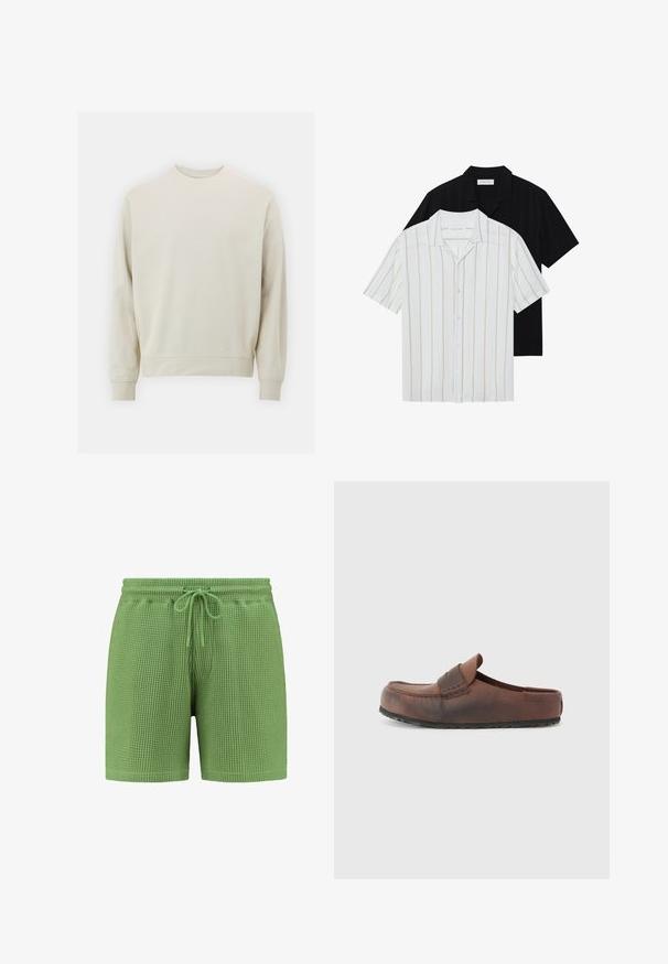 Světle béžová mikina vyrobená z jemné látky s kulatým výstřihem, dlouhými rukávy a pružnými manžetami a spodním lemem. Minimalistický design, bez viditelných vzorů.; Košile s krátkým rukávem, bílé s béžovými pruhy a solidní černé. Obě mají klasický límec a hladkou texturu látky.; Zelené kraťasy z pletené tkaniny s elastickým pasem a nastavitelnou šňůrkou. Jsou vybaveny bočními kapsami a mají volný střih.; Hnědá kožená nazouvací bota s kulatou špičkou, dekoračním prošitím a texturovanou gumovou podrážkou. Jednoduchý design a minimální akcenty.